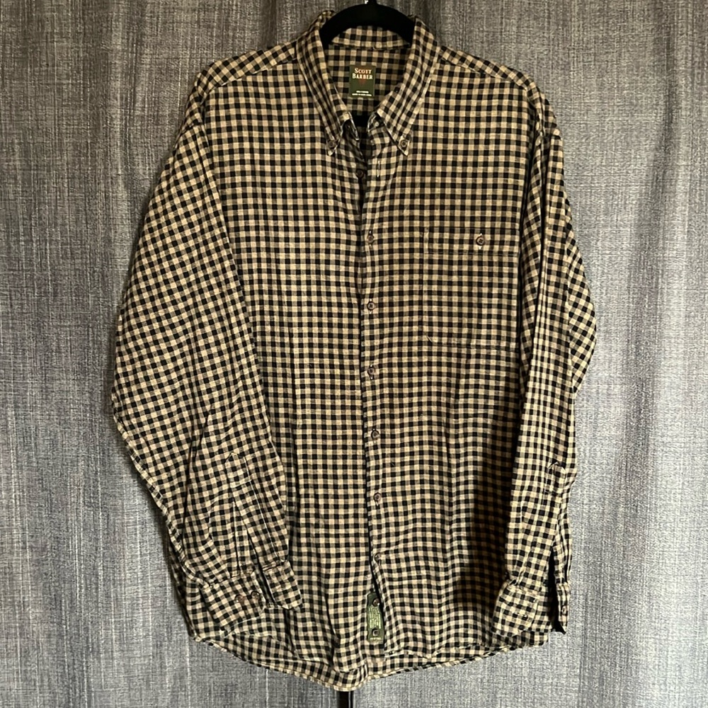 Scott barber men’s checkered tan and black button down shirt large